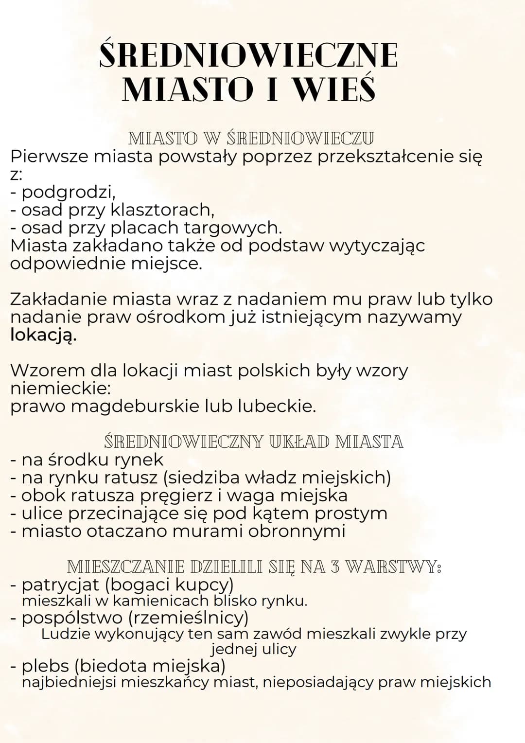 # ŚREDNIOWIECZNE
# MIASTO I WIEŚ
MIASTO W ŚREDNIOWIECZU
Pierwsze miasta powstały poprzez przekształcenie się
z:
- podgrodzi,
- osad przy k