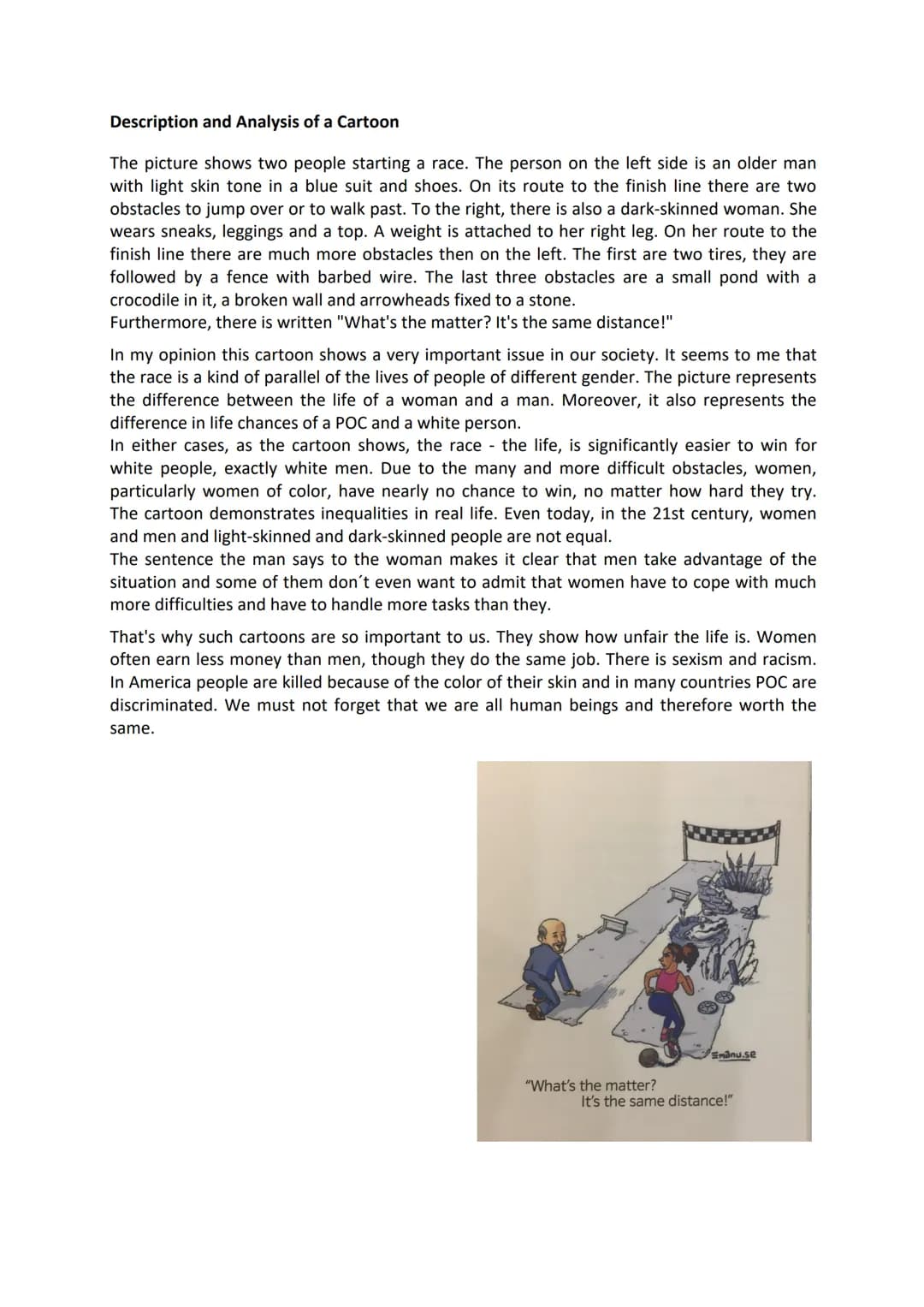 Description and Analysis of a Cartoon
The picture shows two people starting a race. The person on the left side is an older man
with light