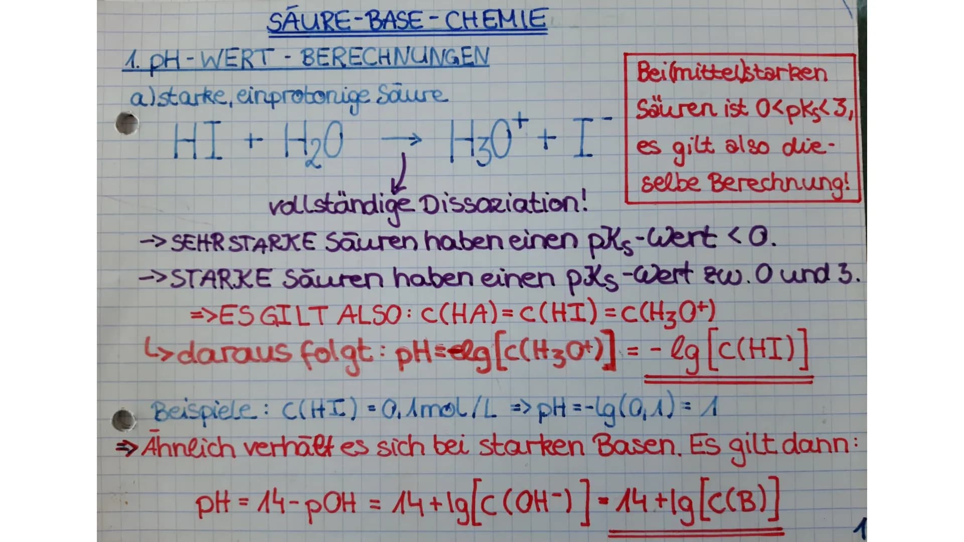 # CHEMIE
Abiturvorbereitung:
Säuren und Basen # SÄURE-BASE-CHEMIE
1. PH - WERT - BERECHNUNGEN
a) starke, einprotonige Säure
$HI + H_2O \