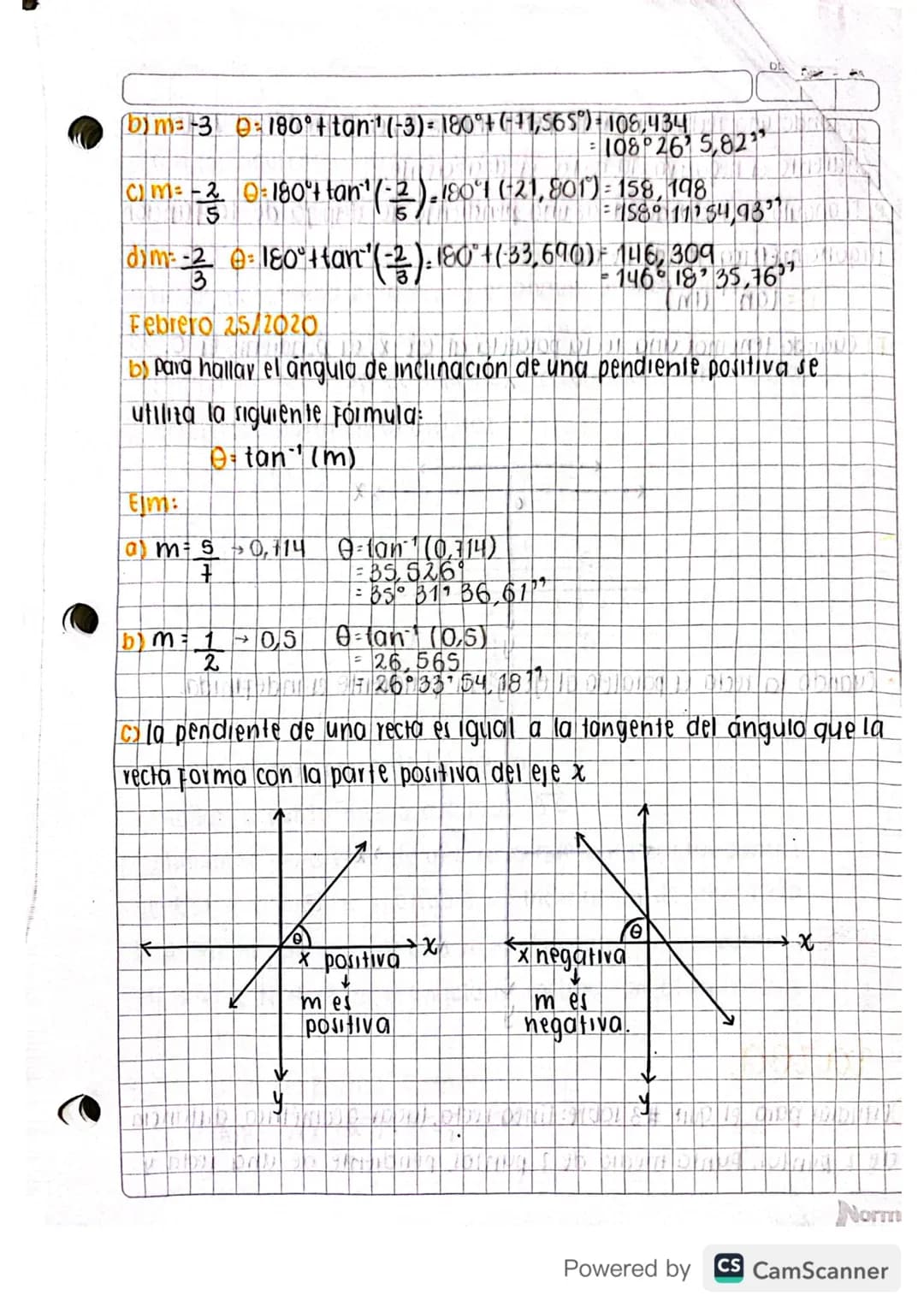 Tebrero 24/2010
a) si la pendiente es negativa se aplica la siguiente fórmula:
= 180° + tan¹ (m)
< inclinación
• Hallar el angulo de inc