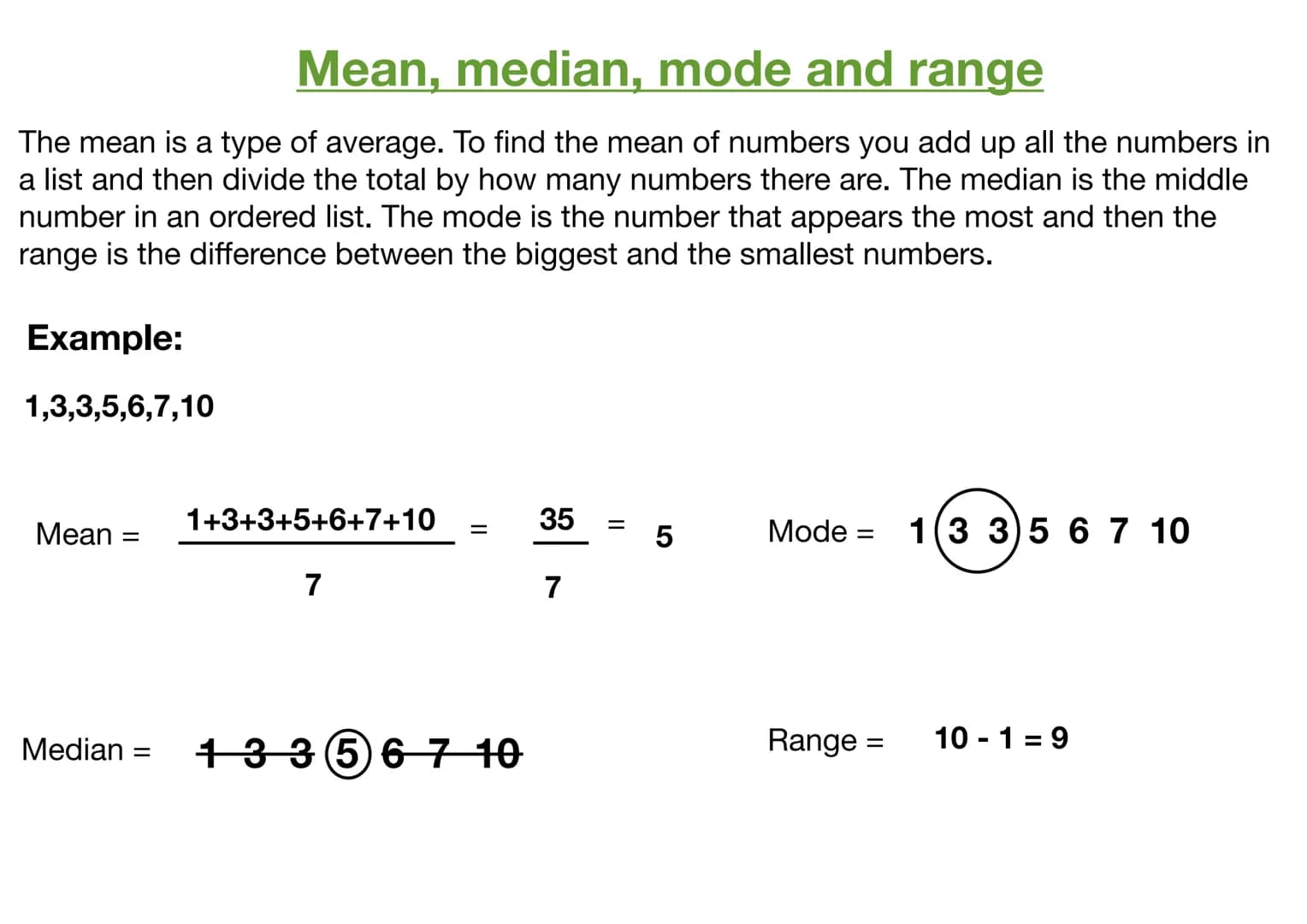 # Mean, median, mode and range
The mean is a type of average. To find the mean of numbers you add up all the numbers in
a list and then div