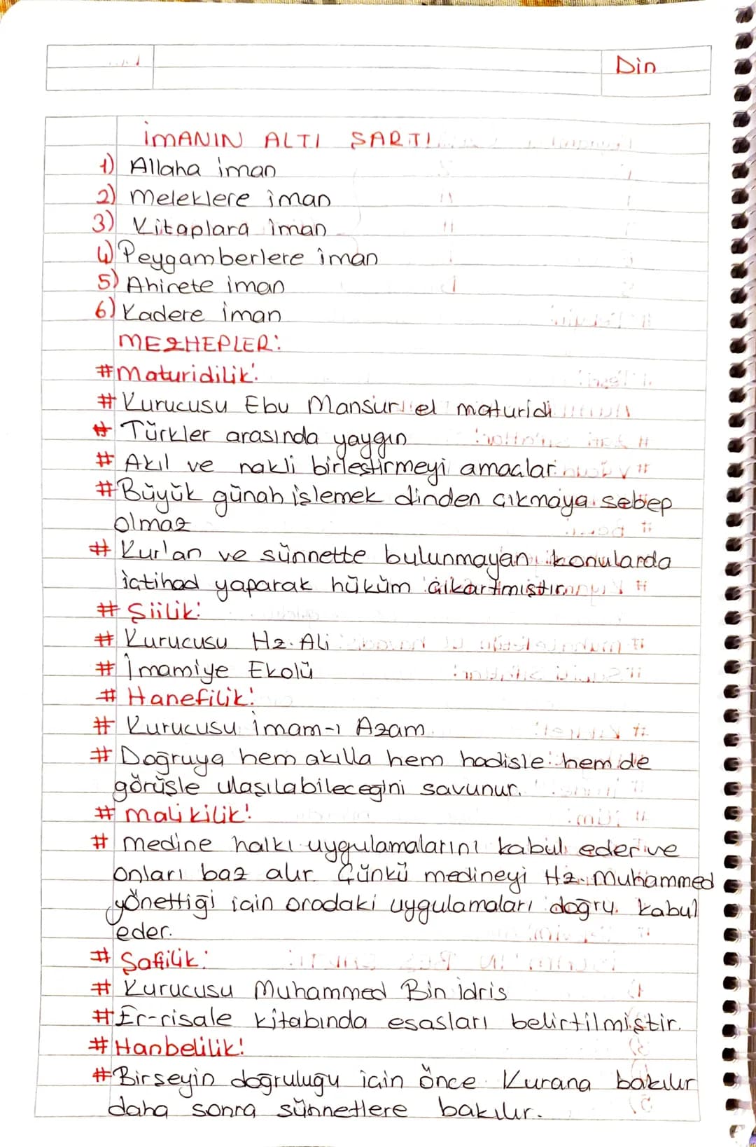 Din
İMANIN ALTI SARTI
1) Allaha iman.
2) Meleklere iman
3) Kitaplara iman
WPeygamberlere îman
5) Ahirete iman.
6) Kadere iman.
MEZHEPLER:
#