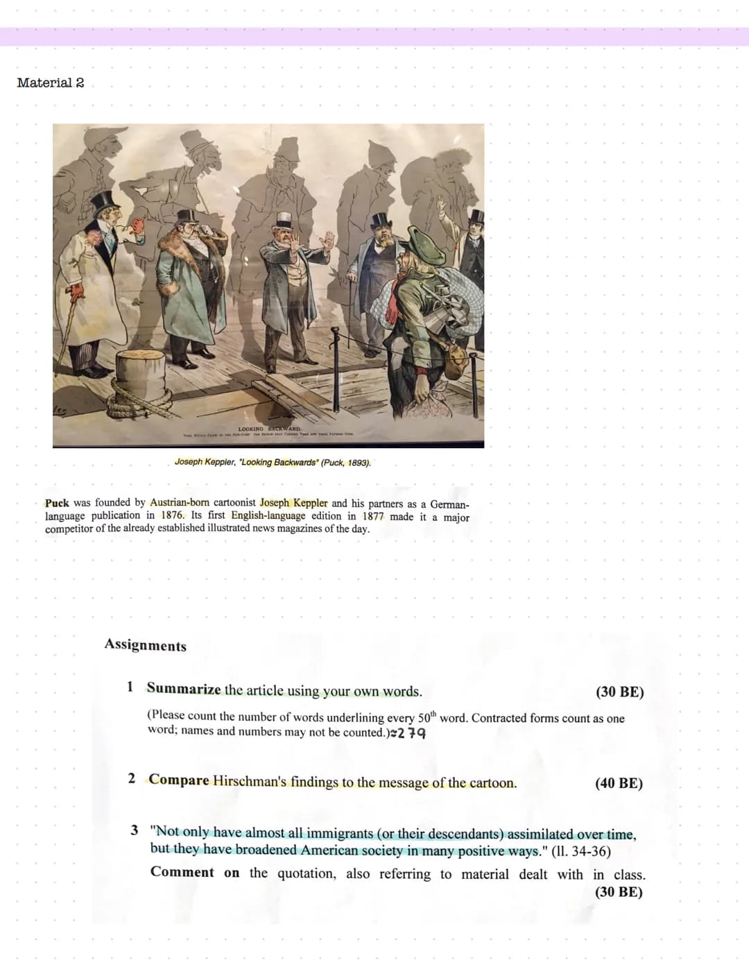 # USA
Immigration
VERGLEICHSARBEIT ENGLISCH LK Q1
Material 1
The impact of immigration on American society
Looking backward to the future