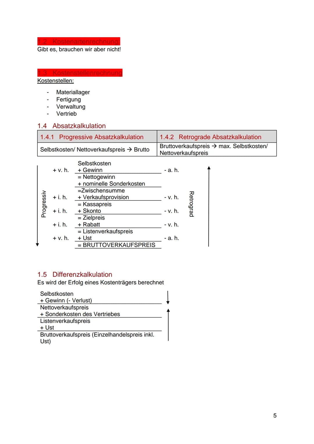 # Inhaltsverzeichnis
1 Istkostenrechnung zu Vollkosten: 3
1.1 Bezugskalkulation: 4
1.1.1 Progressive Bezugskalkulation. 4
1.1.2 Retrogra