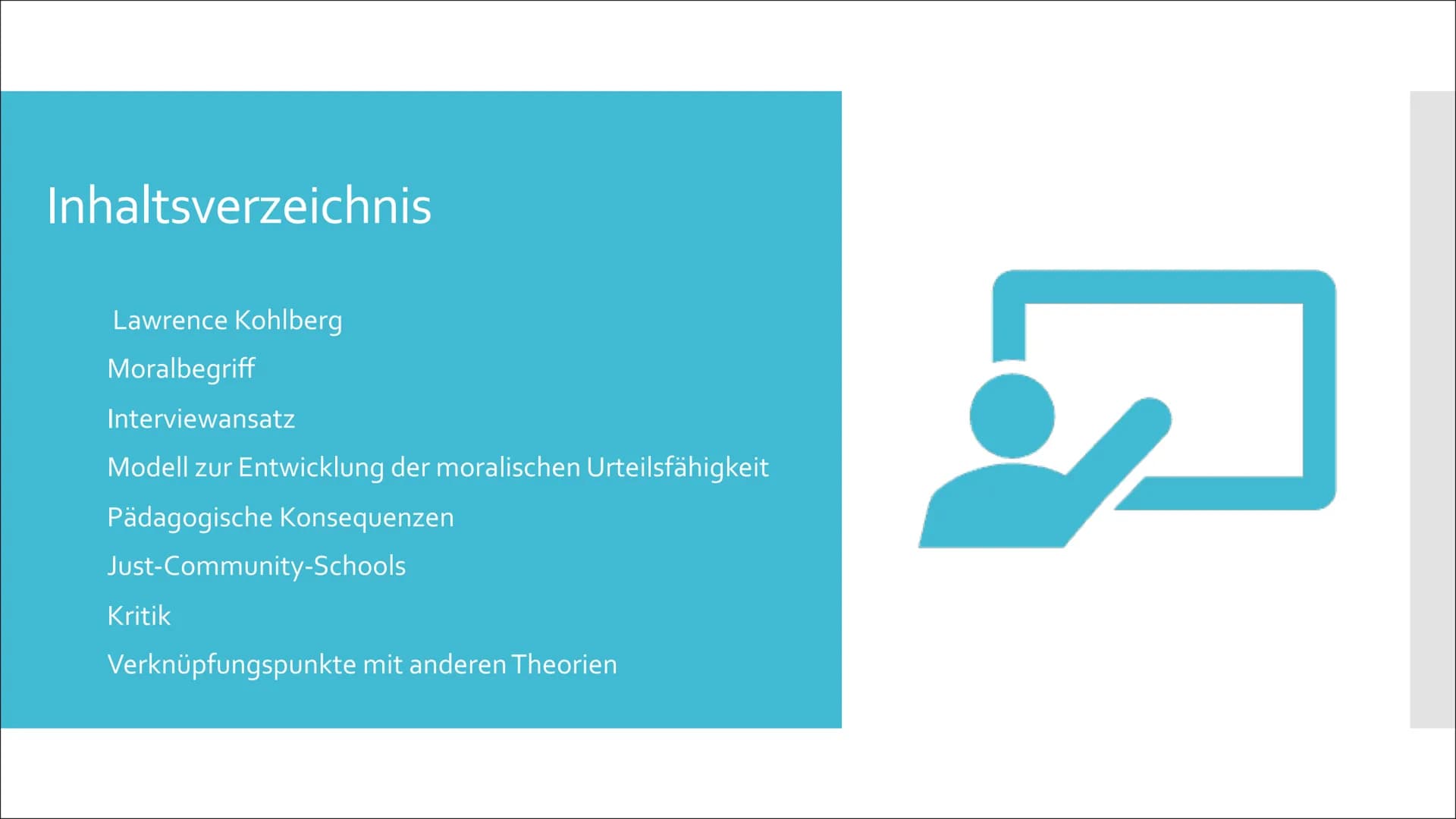 # Moralische Entwicklung nach Kohlberg
Eine Präsentation von Lilith # Inhaltsverzeichnis
Lawrence Kohlberg
Moralbegriff
Interviewansatz