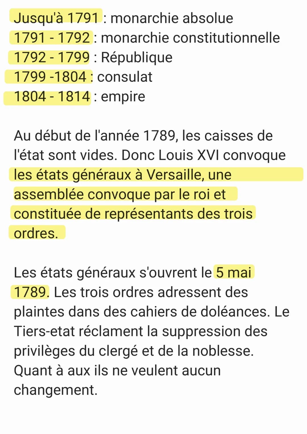 Jusqu'à 1791 : monarchie absolue
1791-1792: monarchie constitutionnelle
1792-1799: République
1799-1804: consulat
1804-1814: empire
Au