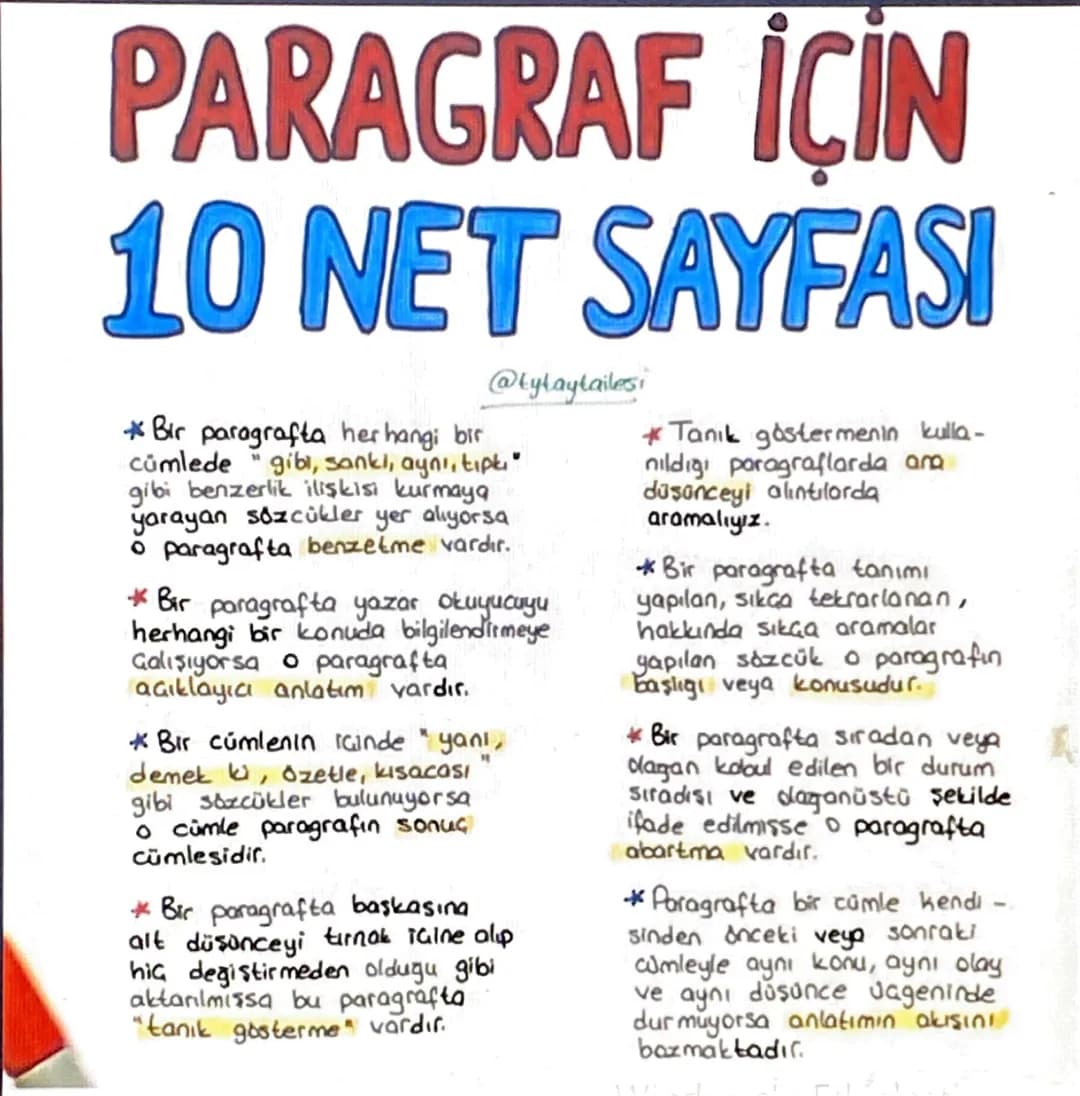 # PARAGRAF İÇİN
# 10 NET SAYFASI
@tytaytailesi
* Bir paragrafta herhangi bir
cümlede gibi, sanki, aynı, tıpkı
gibi benzerlik ilişkisi k