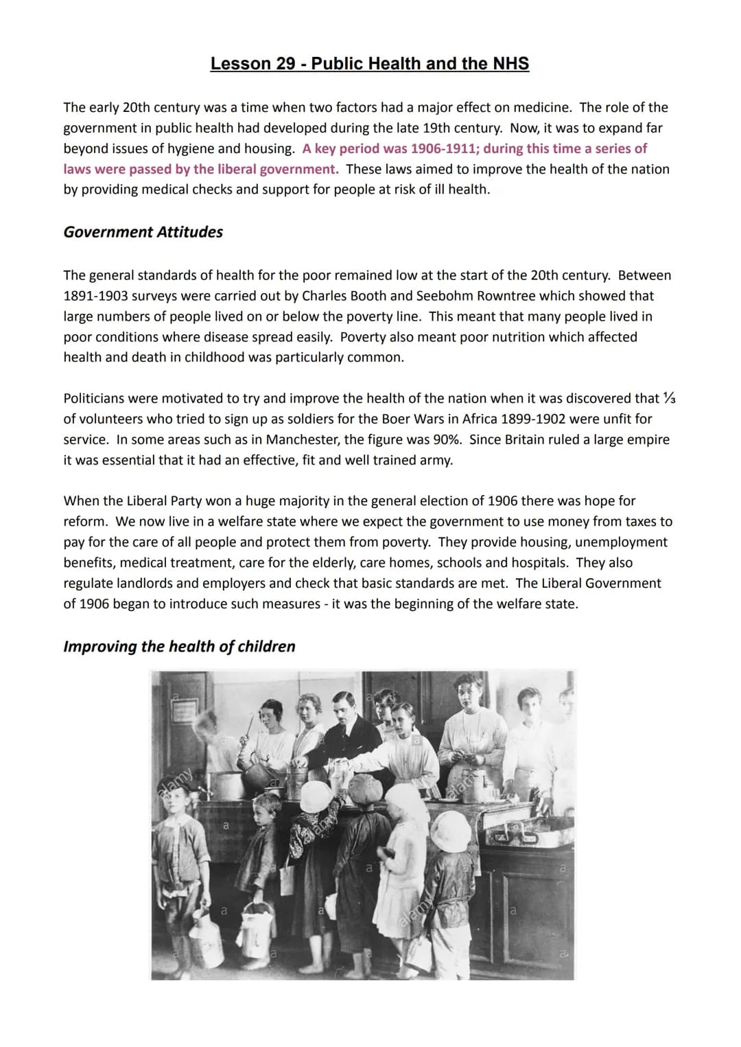 # Lesson 29 - Public Health and the NHS
The early 20th century was a time when two factors had a major effect on medicine. The role of the