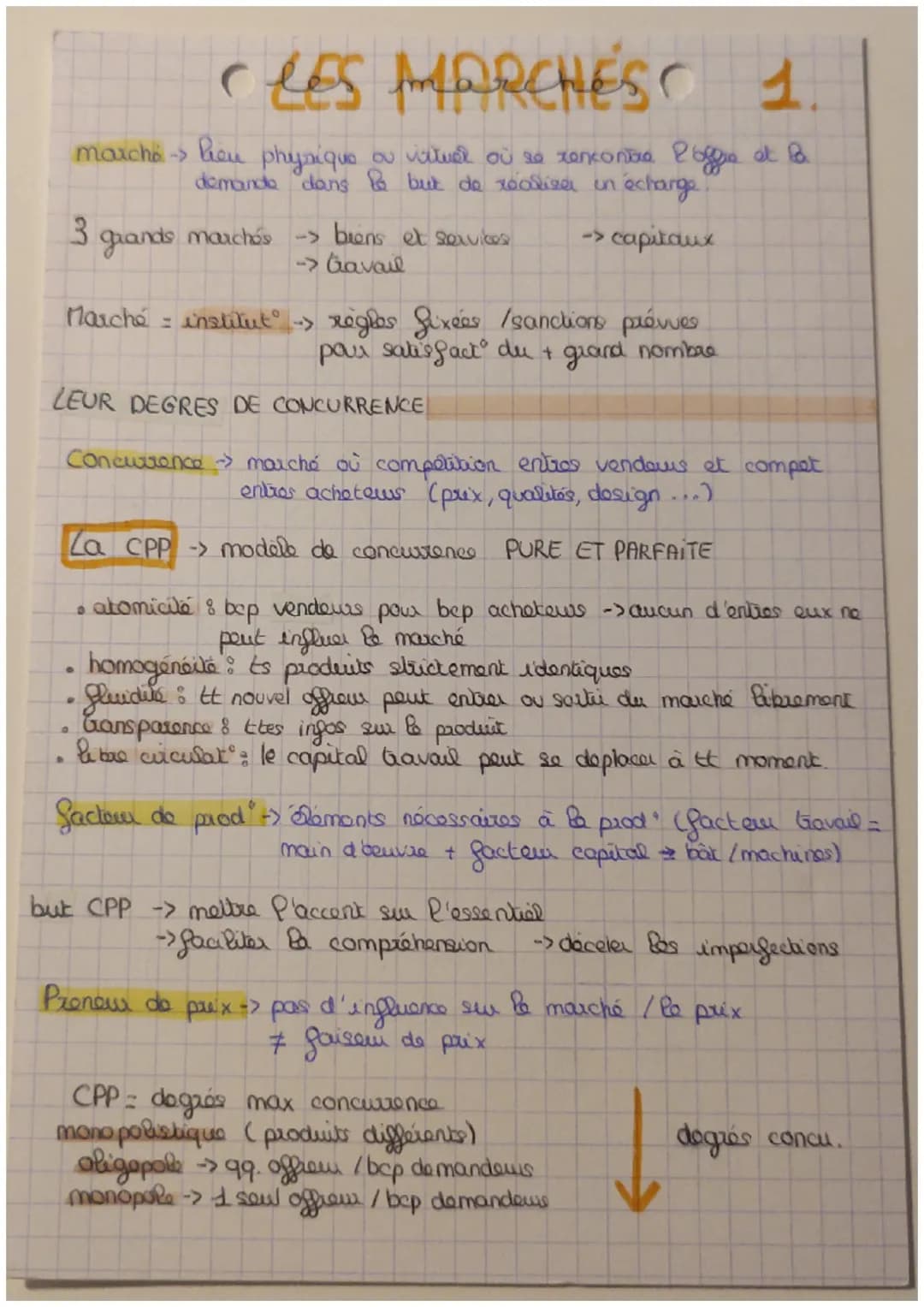 # LES MARCHÉS 1.
marche lieu physique ou vituée où se zencontra Poffre et la
demande dans le but de réalise in echarge.
3 grands marchés -