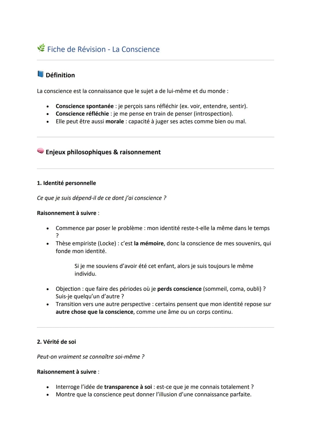 # Fiche de Révision - La Conscience
## Définition
La conscience est la connaissance que le sujet a de lui-même et du monde :
* Conscience