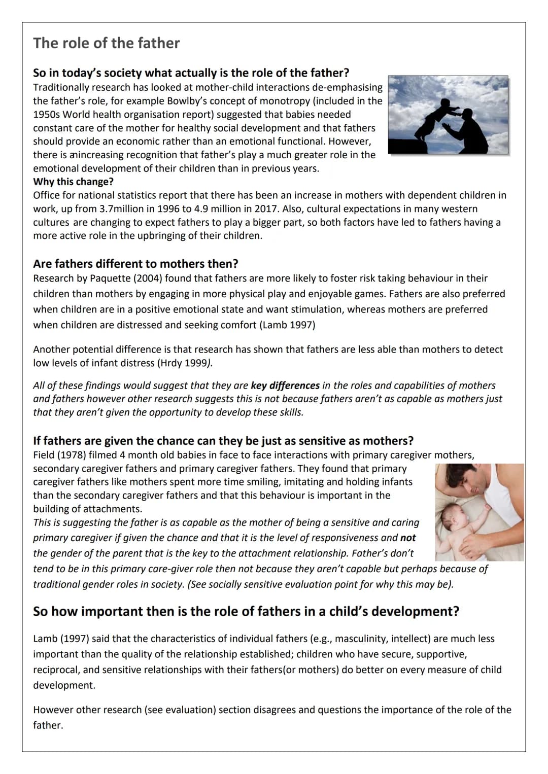 # Unit 1: attachment
Definition-A two-way, enduring, emotional bond between two individuals, in which the following behaviours are
displaye