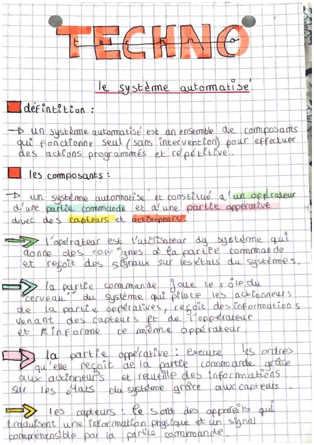 # TECHNO
defintition:
le système automatise
→ un système automatisé est an ensemble de composants
qui fonctionne seul (sans intervention)