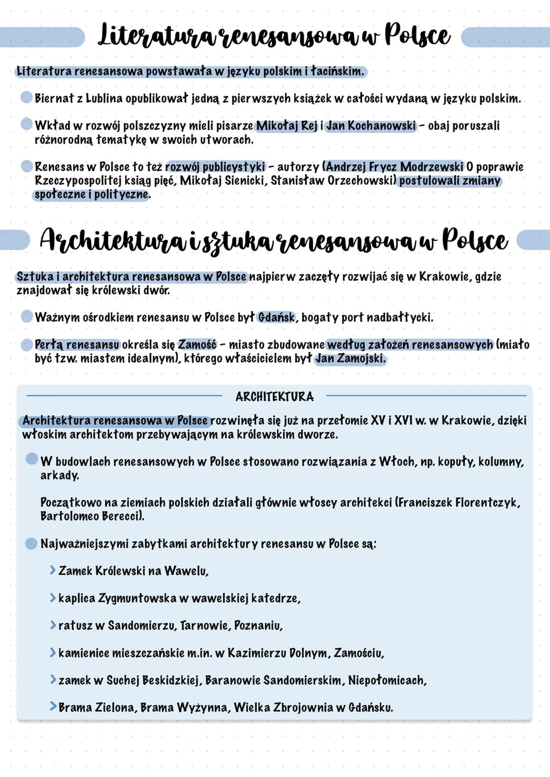 # Renesans w Polsce
Renesans w Polsce
Kraków był głównym ośrodkiem renesansu w Polsce - silny wpływ wywierał dwór królewski i
Akademia Kra