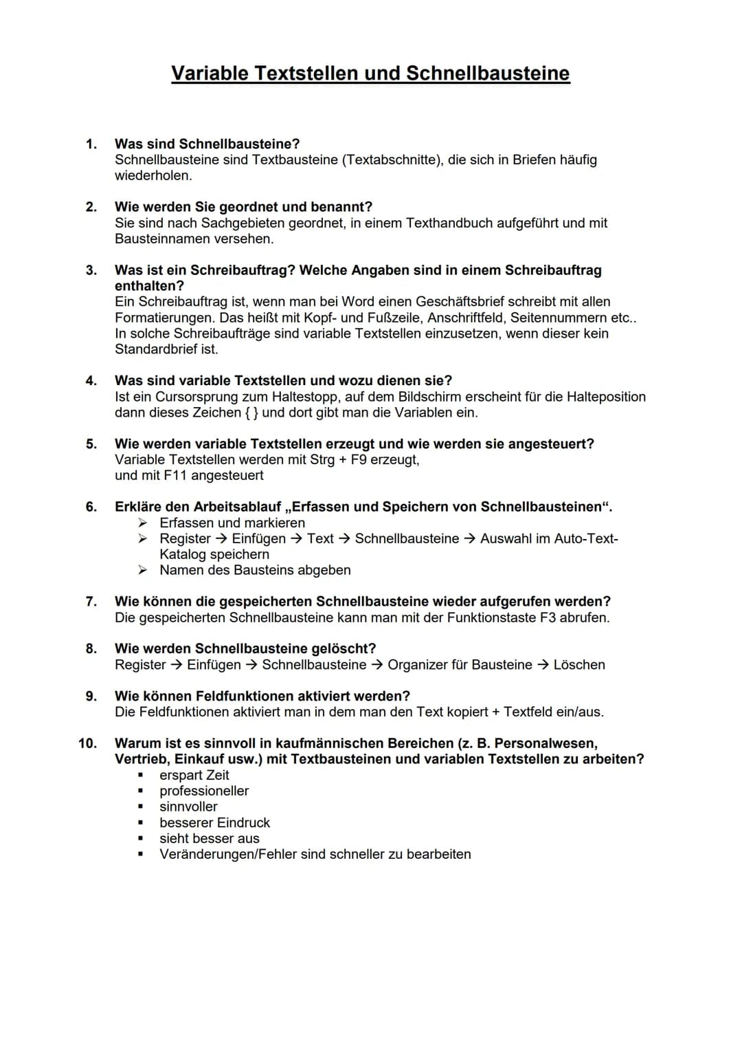 # Variable Textstellen und Schnellbausteine
1. Was sind Schnellbausteine?
Schnellbausteine sind Textbausteine (Textabschnitte), die sich in