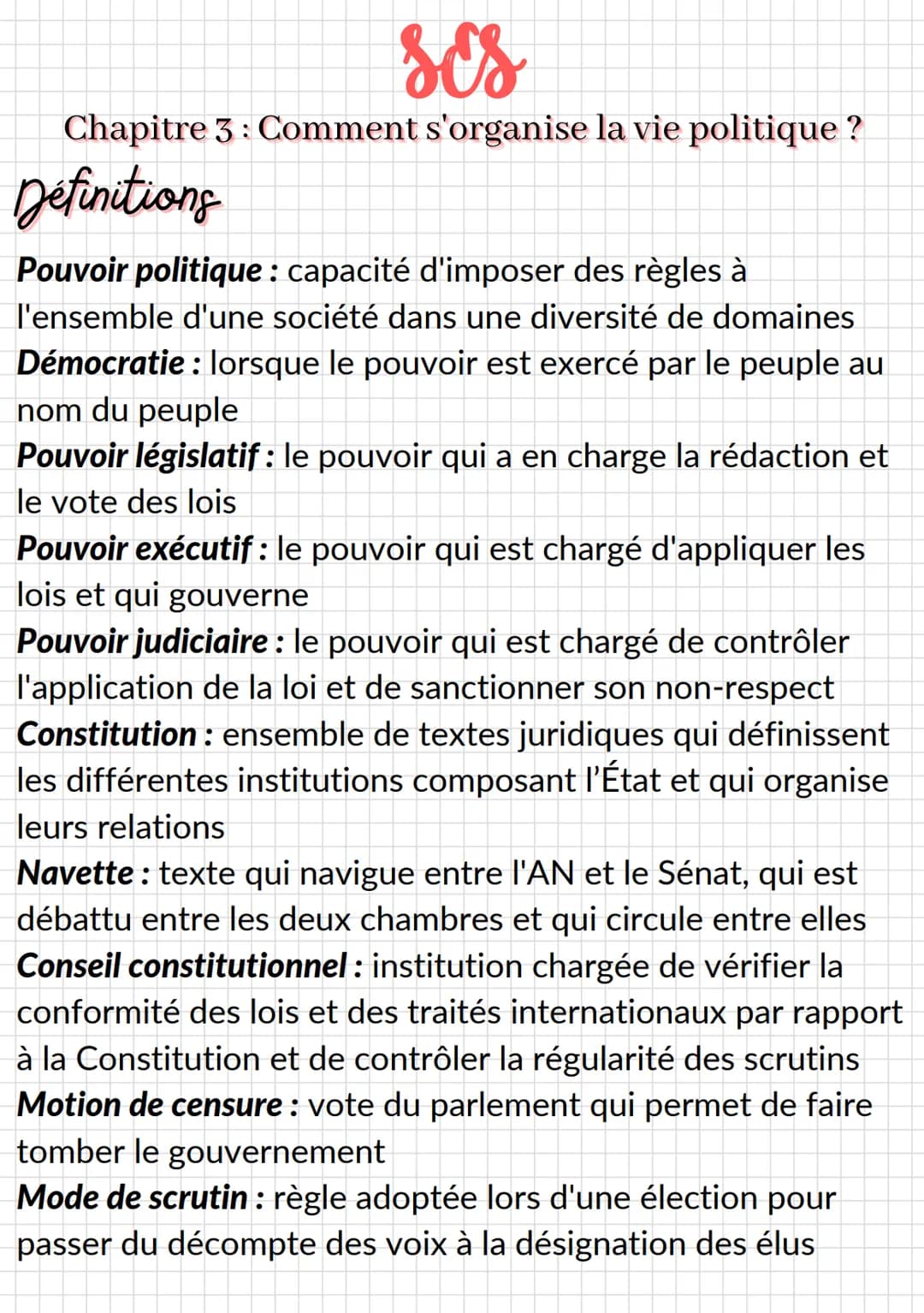 ses
# Chapitre 3: Comment s'organise la vie politique?
## Définitions
**Pouvoir politique**: capacité d'imposer des règles à
l'ensemble d'u