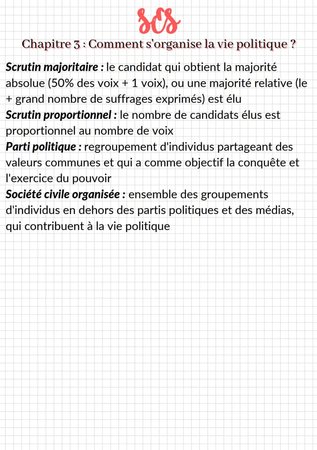 ses
# Chapitre 3: Comment s'organise la vie politique?
## Définitions
**Pouvoir politique**: capacité d'imposer des règles à
l'ensemble d'u
