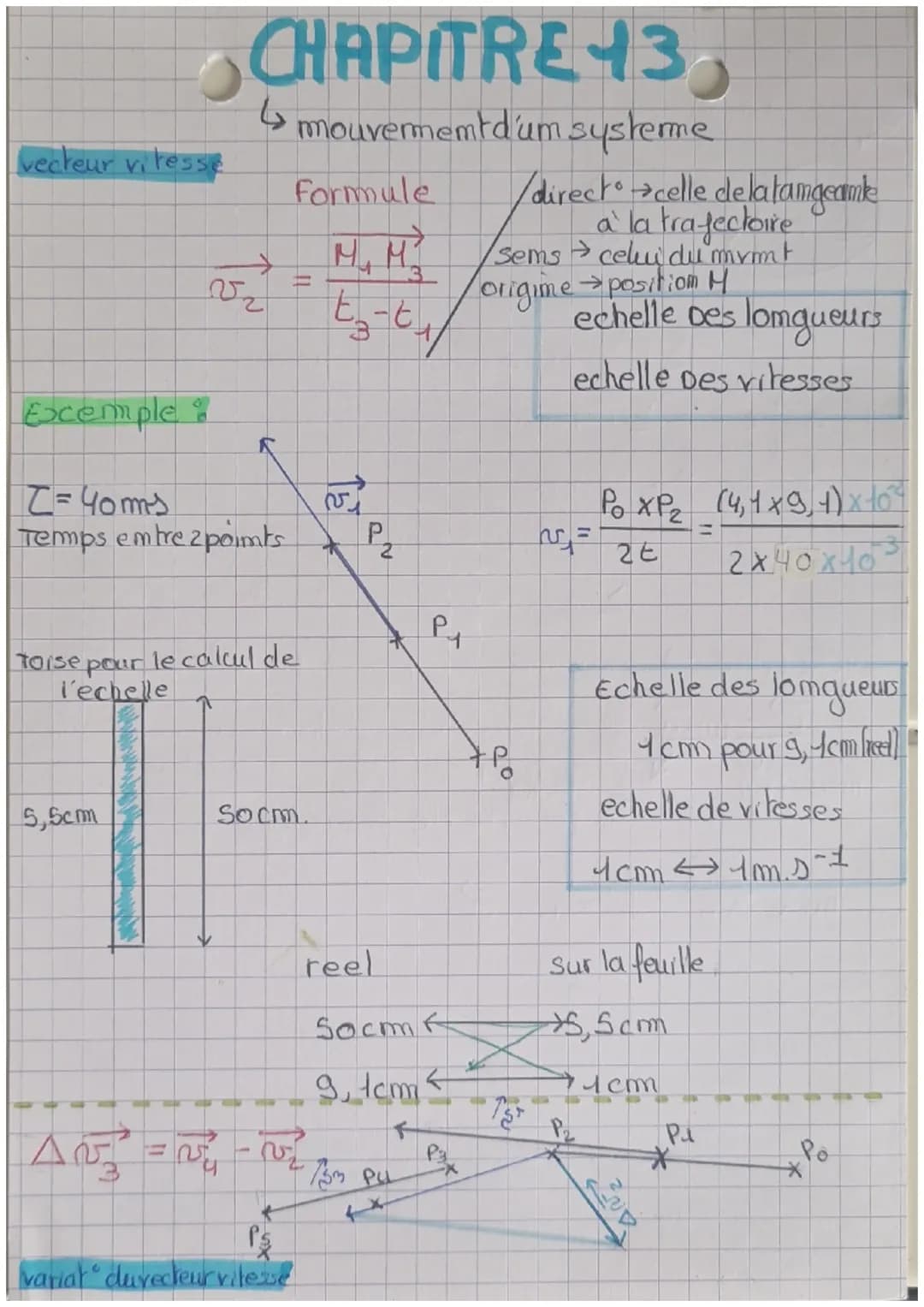 vecteur vitesse
# CHAPITRE 13,
↳ mouvement d'um systeme
Formule
$
\overrightarrow{v_2} = \frac{M_1 M_3}{t_3-t_1}
$
direct celle delatamgeamk