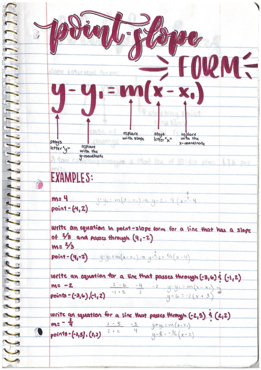 # point slope
dope intercept f
# FORM
$y-y_1 = m(x-x_1)$
replace
with slope
Stays
letter "x"
Stays
letter'y"
replace
cwith the
x-coor