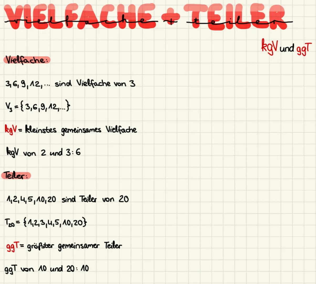 VIELFACHE + TEILER
Vielfache:
3,6,9,12,... sind Vielfache von 3
V=3,6,9,12,...}
kgV = kleinstes gemeinsames Vielfache
kgV von 2 und 3:6