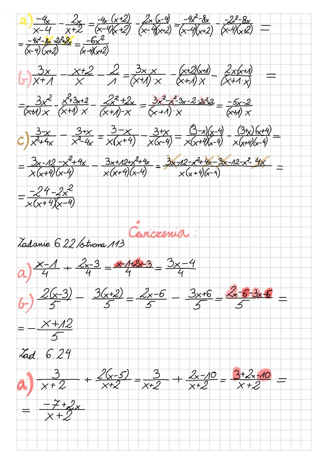 # Dodawanie i odjmowanie równan
algebraicznych
a) $\frac{2}{x-3} + \frac{4}{x+3} = \frac{2 \cdot (x+3)}{(x-3)(x+3)} + \frac{4 \cdot (x-3)}{