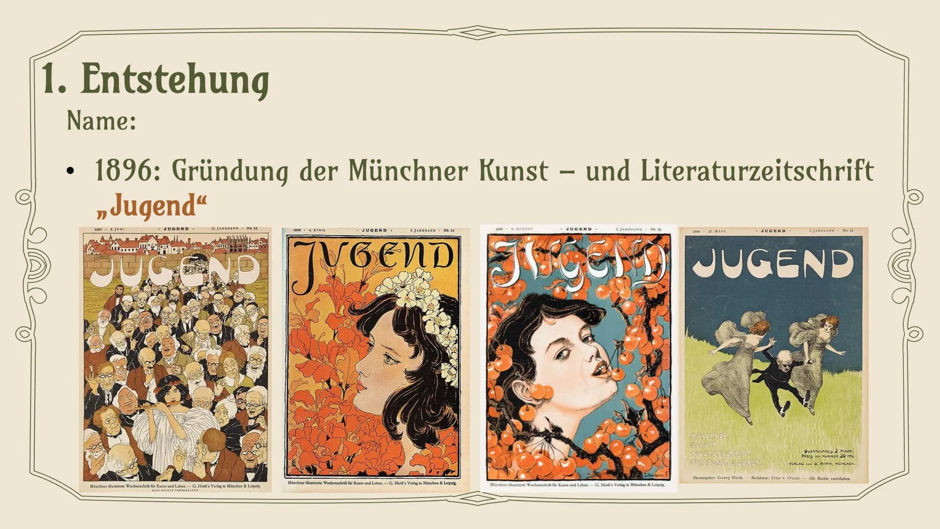 # JUGENDSTIL
## ART NOUVEAU
Trang Le Thi Minh 12b Kunst 2 # Gliederung
1. Entstehung
2. Merkmale
3. Architektur
4. Handwerk
5. Mode „Edwa