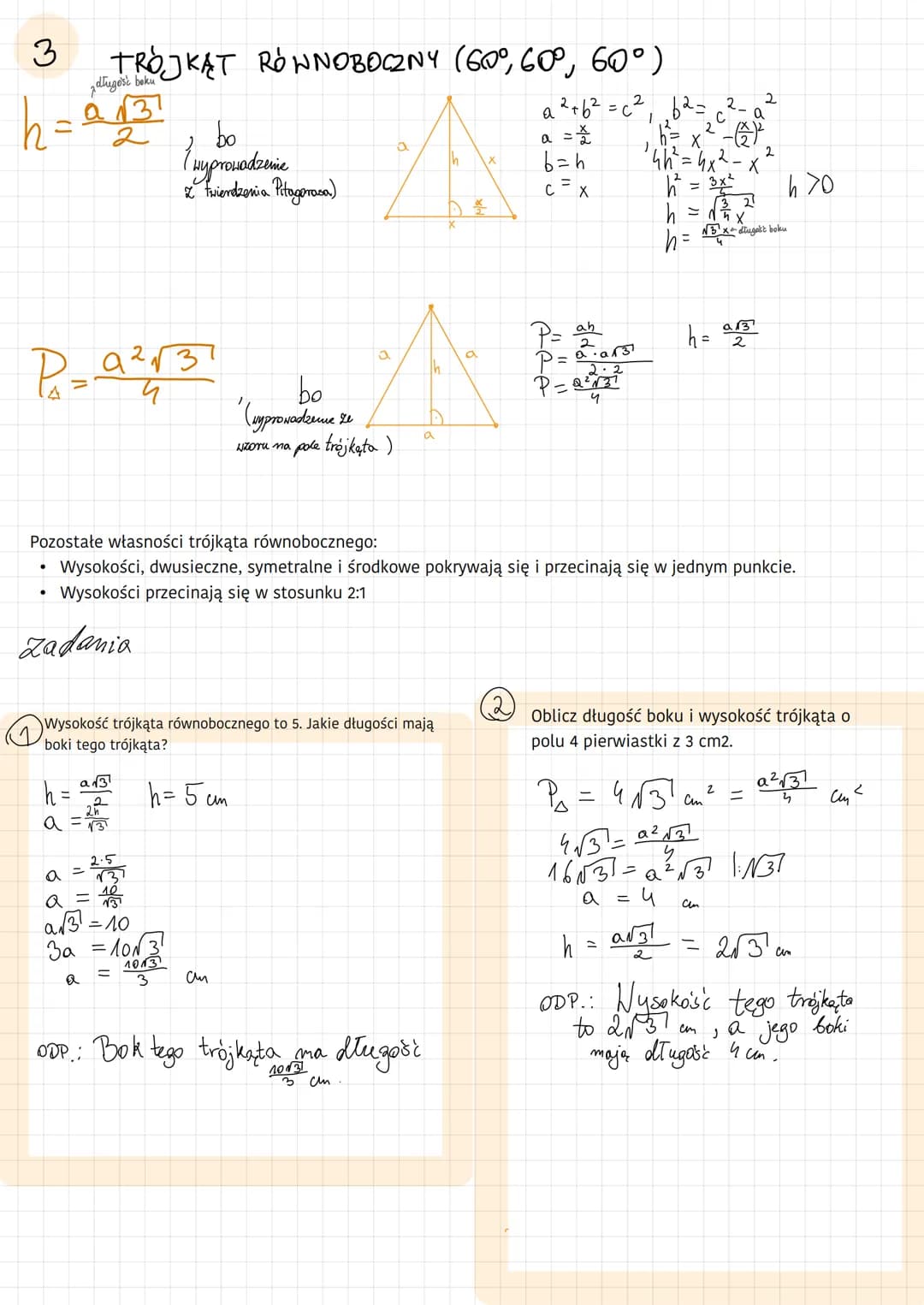 # 3 TRÓJKĄT RÓWNOBOCZNY (60°, 60°, 60°)
długesi beku
$h = \frac{a\sqrt{3}}{2}$, bo
(Hyprowadzeme
Z Fwierdzenia Pitagorasa)
$a^2+b^2=c^2$,