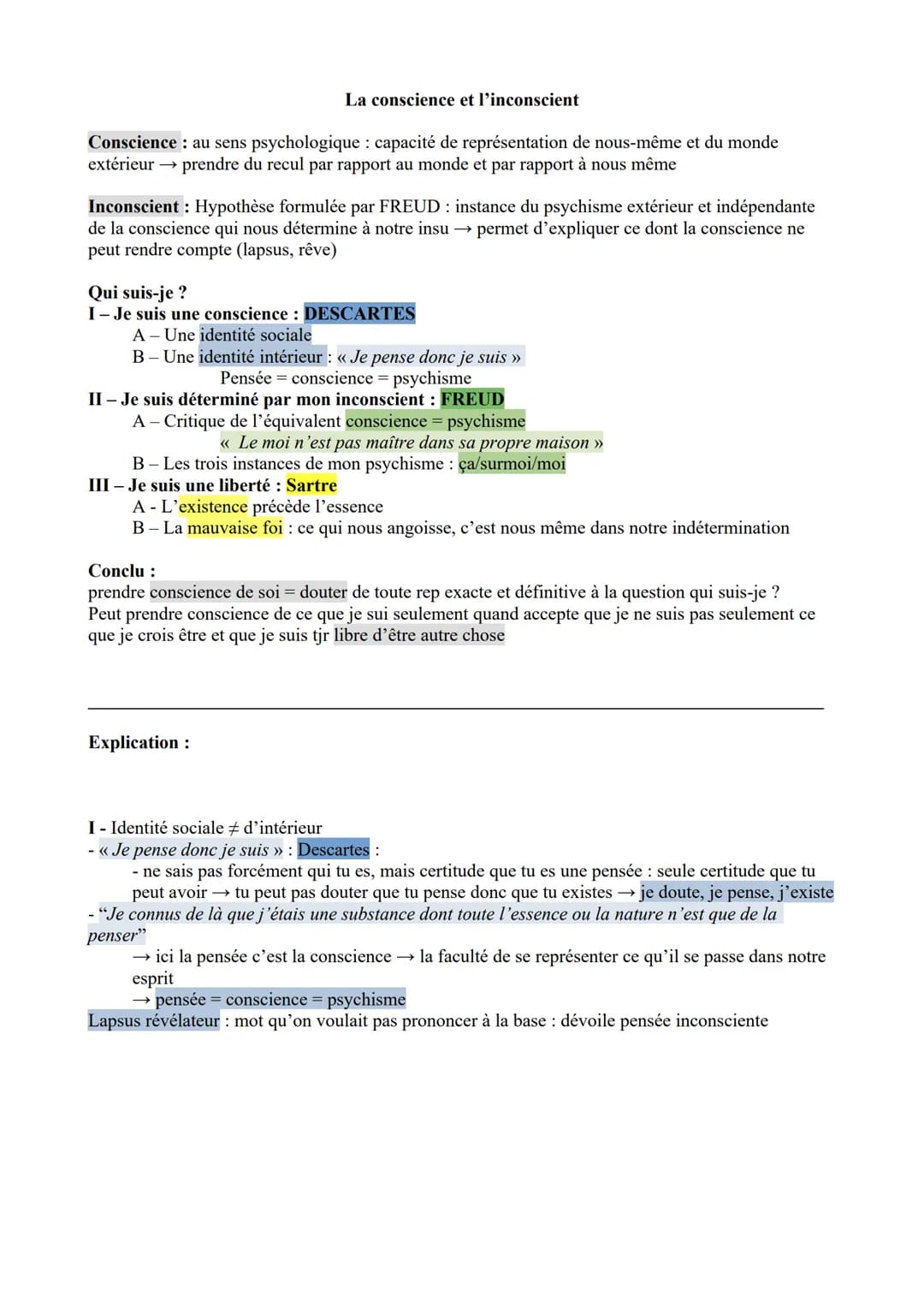# La conscience et l'inconscient
Conscience: au sens psychologique: capacité de représentation de nous-même et du monde
extérieur prendre d