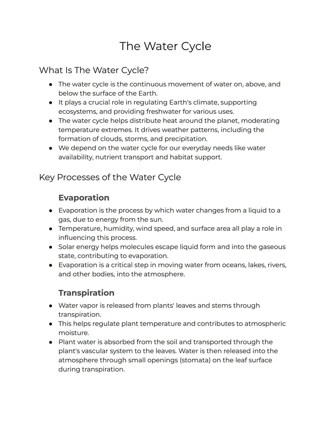 # The Water Cycle
What Is The Water Cycle?
* The water cycle is the continuous movement of water on, above, and
below the surface of the