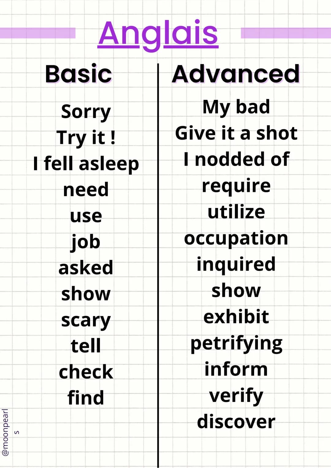 @moonpearl
S
# Anglais
Basic | Advanced
---|---
Sorry | My bad
Try it! | Give it a shot
I fell asleep | I nodded of
need | require
use | ut