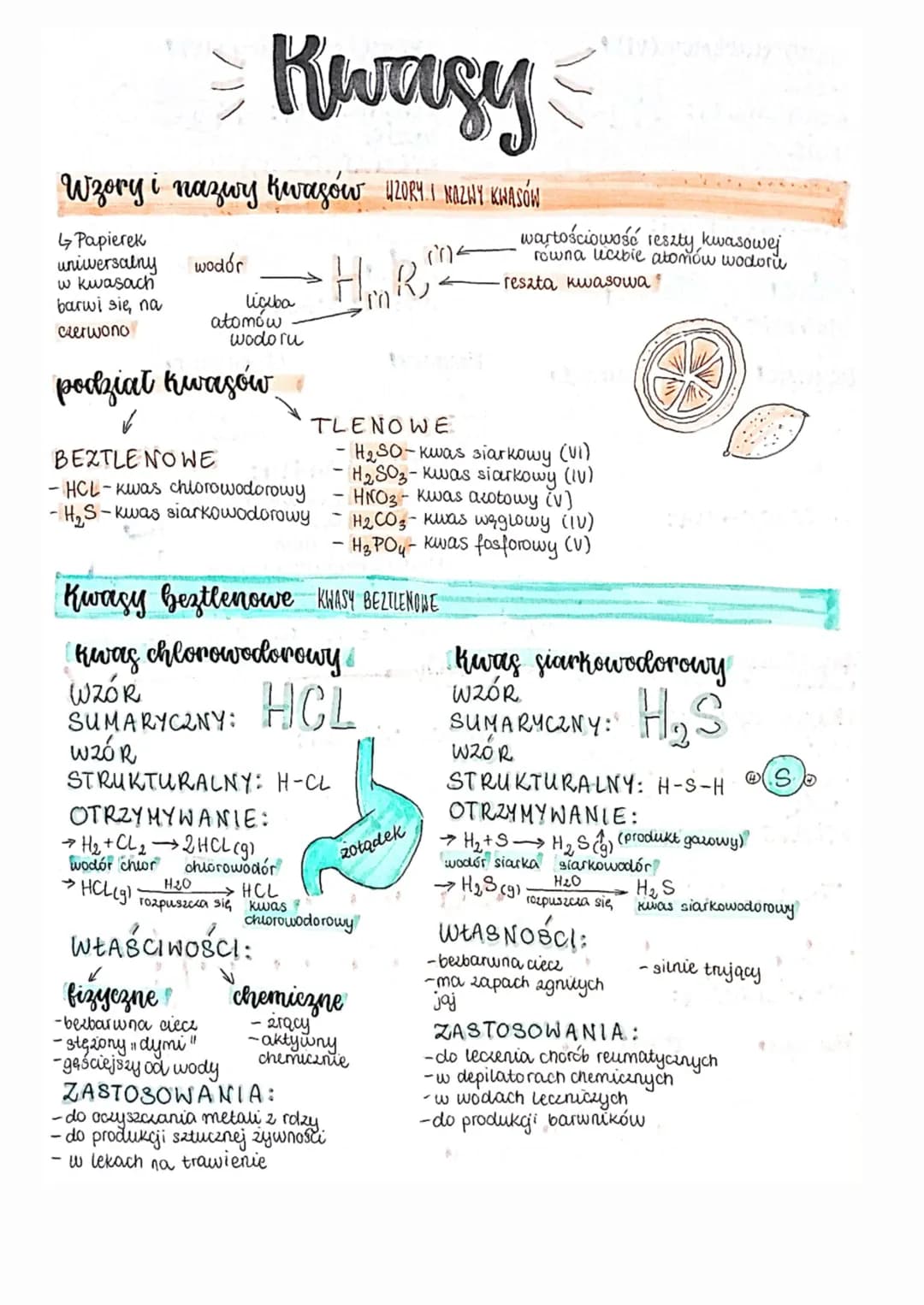# Kwasy
Wzory i nazwy kwasów 420RY. I NAZWY KWASÓW
↳ Papierek
uniwersalny wodór
w kwasach
barwi się, na
liçiba
czerwono atomów
wodoru
- w