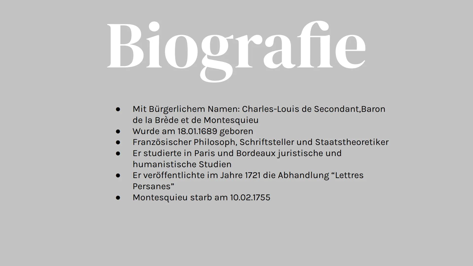 # Charles de
Montesquieu
"Etwas ist nicht recht, weil es
Gesetz ist, sondern es muss
Gesetz sein, weil es recht ist."
- Montesquieu
Nele R