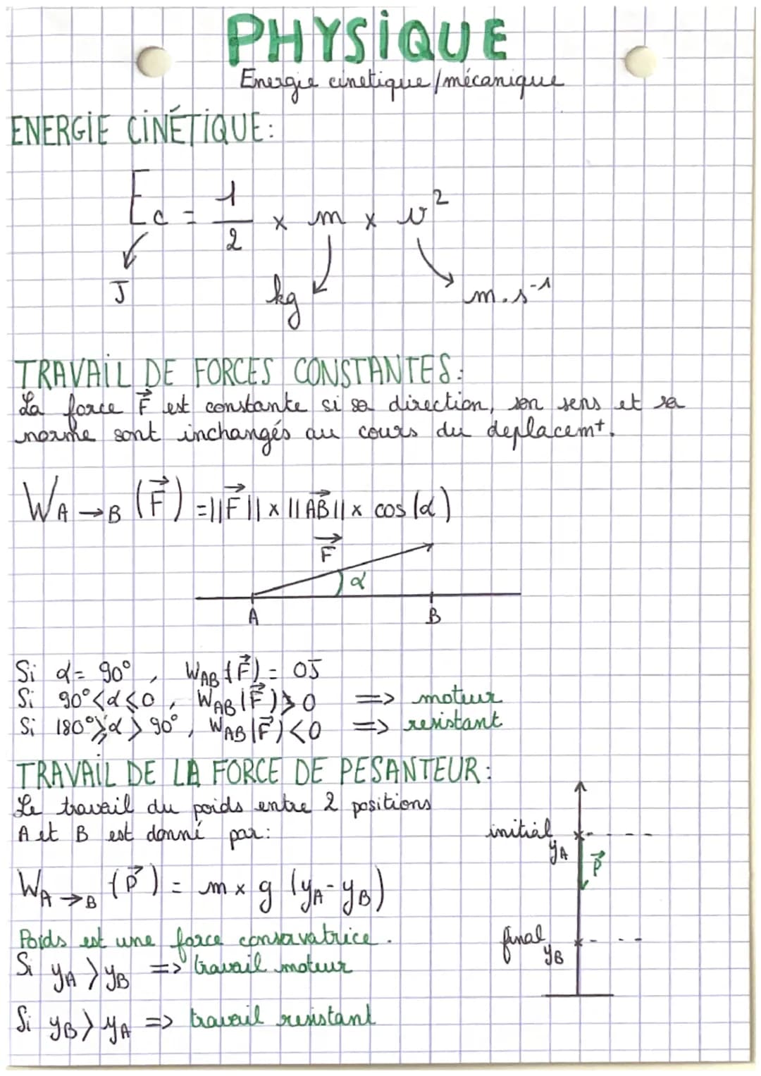 # PHYSIQUE
Energie cinetique/mécanique
ENERGIE CINÉTIQUE:
$E_c = \frac{1}{2} \times m \times v^2$
J
kg
m.s$^{-1}$
TRAVAIL DE FORCES CO