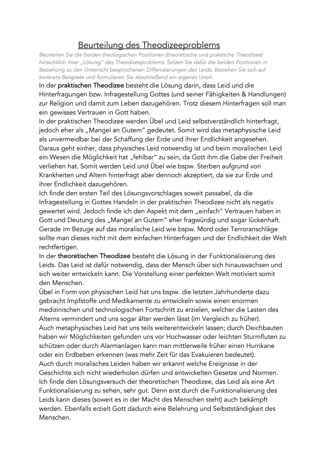 # Beurteilung des Theodizeeproblems
Beurteilen Sie die beiden theologischen Positionen (theoretische und praktische Theodizee)
hinsichtlich