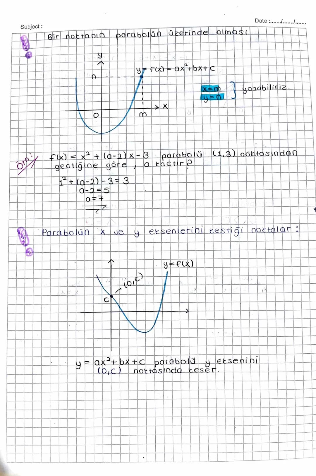 Subject:
= PARABOL =
Date :......./................
f(x) = ax²+bx+c fonksiyonlara ikinci dereceden fontsi-
yonlar denir.
İkinci derecede