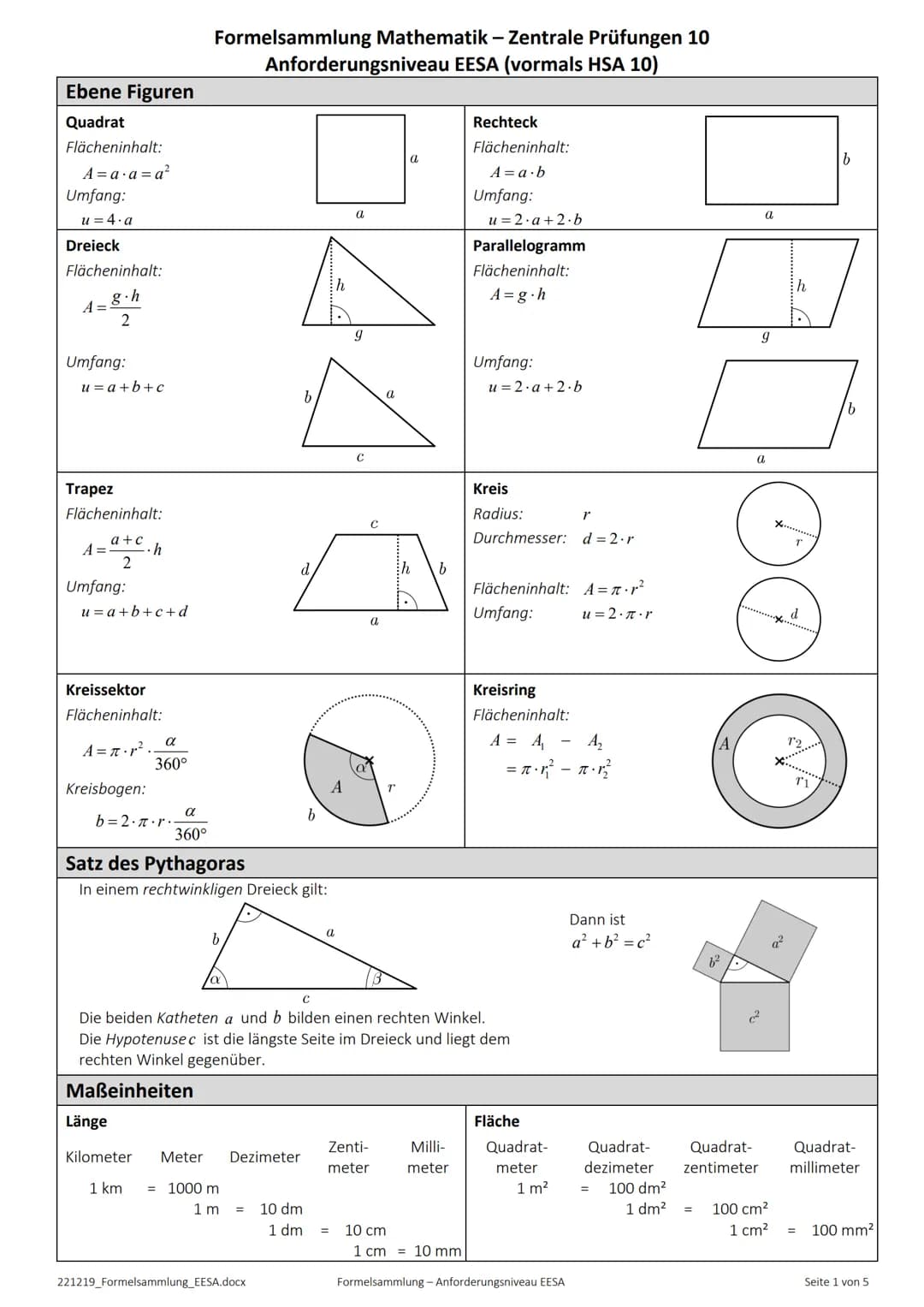 # Formelsammlung Mathematik – Zentrale Prüfungen 10
## Anforderungsniveau EESA (vormals HSA 10)
### Ebene Figuren
Quadrat
Flächeninhalt: