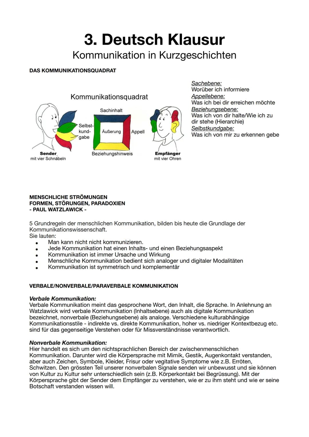 # 3. Deutsch Klausur
Kommunikation in Kurzgeschichten
DAS KOMMUNIKATIONSQUADRAT
Kommunikationsquadrat
Sachinhalt
Selbst-
kund-
gabe
Äuß