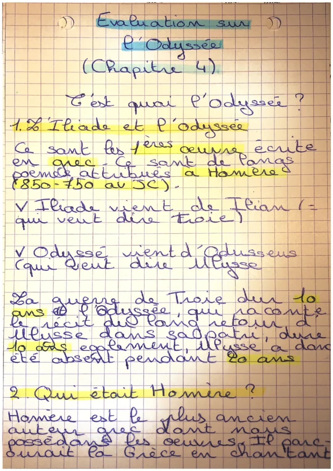 Evaluation sur
l'Odyssée
(Chapitre 4)
C'est quoi l'odyssée?
1.2 Iliade et l'odyssée
Ce sant les feres œuvre écrite
en grec Ce sant de Panas