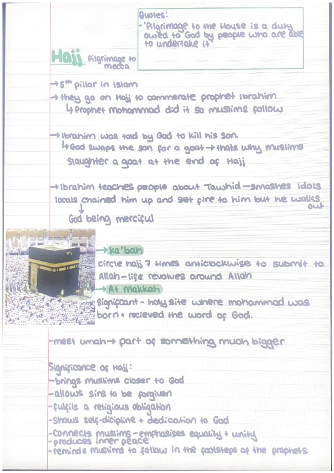 # Islamic Practices
3 key beliers that all Muslims have:
- there is only one God (tawhid)
-muhammad was the last prophet (prohet hood)
-lif