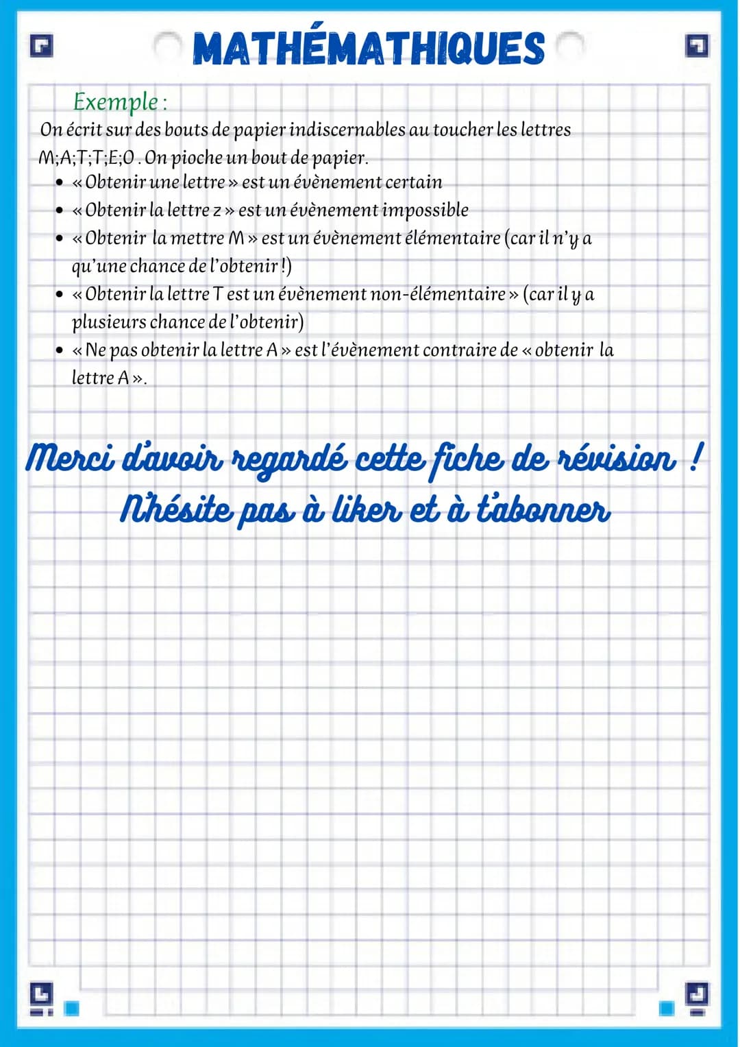# MATHÉMATHIQUES
fiche de révision chapitre
2: probabilités
I-Quelque définitions
Définition 1
Une expérience est dite aléatoire si on n