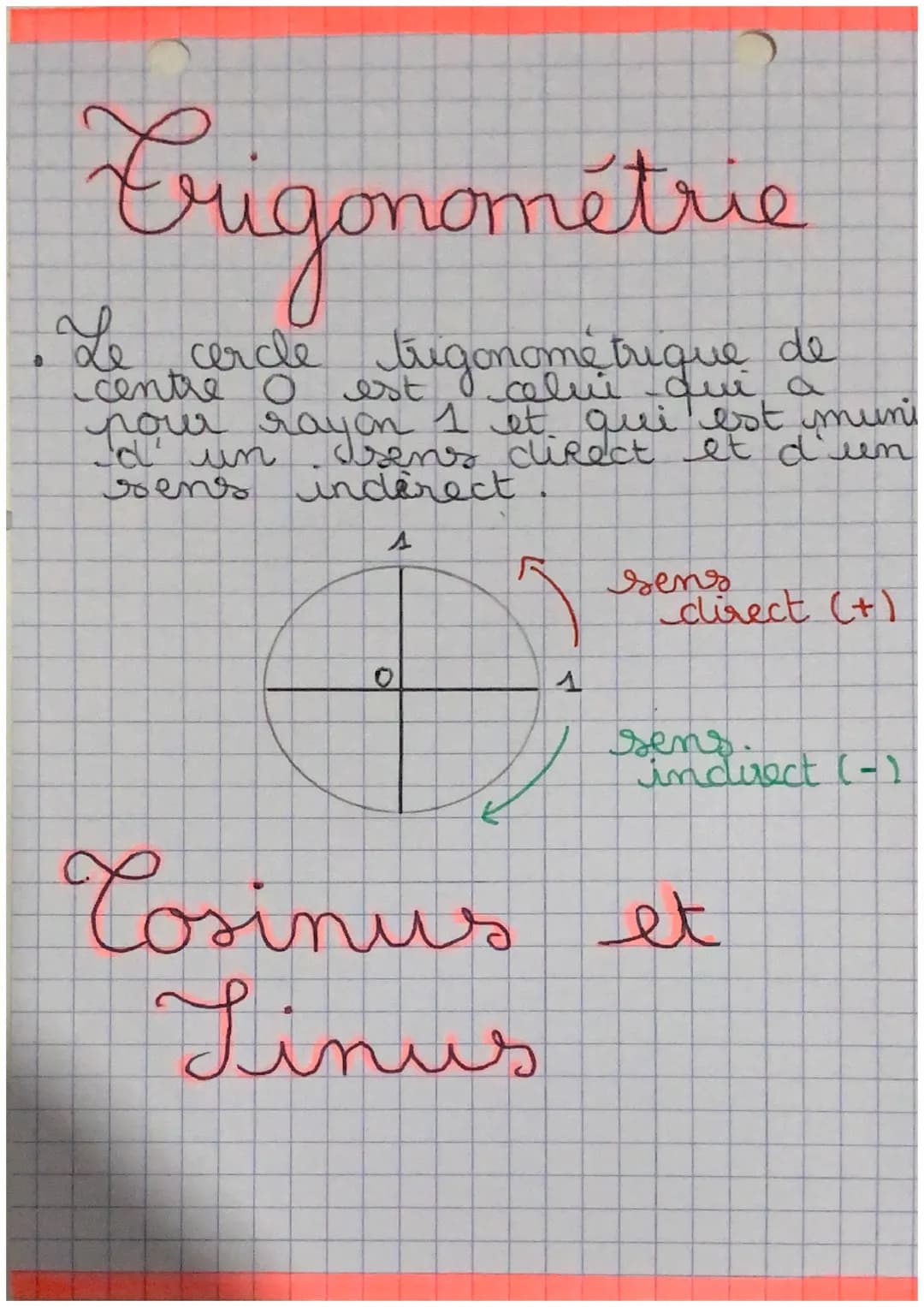 Erigonométrie
Le cercle trigonométrique de
centre o a
rayon 1 et qui est muni
d'un sens direct et d'un
sens inderect
1
0
1
sens
direct (+)
