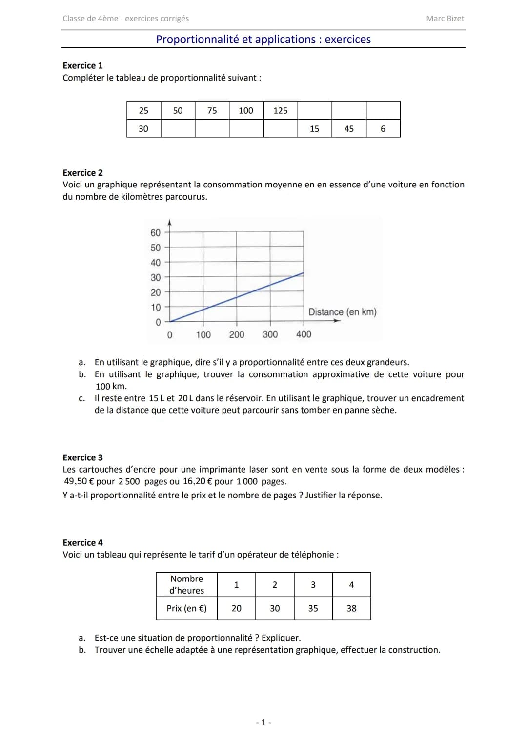 Classe de 4ème - exercices corrigés
Marc Bizet
Proportionnalité et applications: exercices
Exercice 1
Compléter le tableau de proportionn