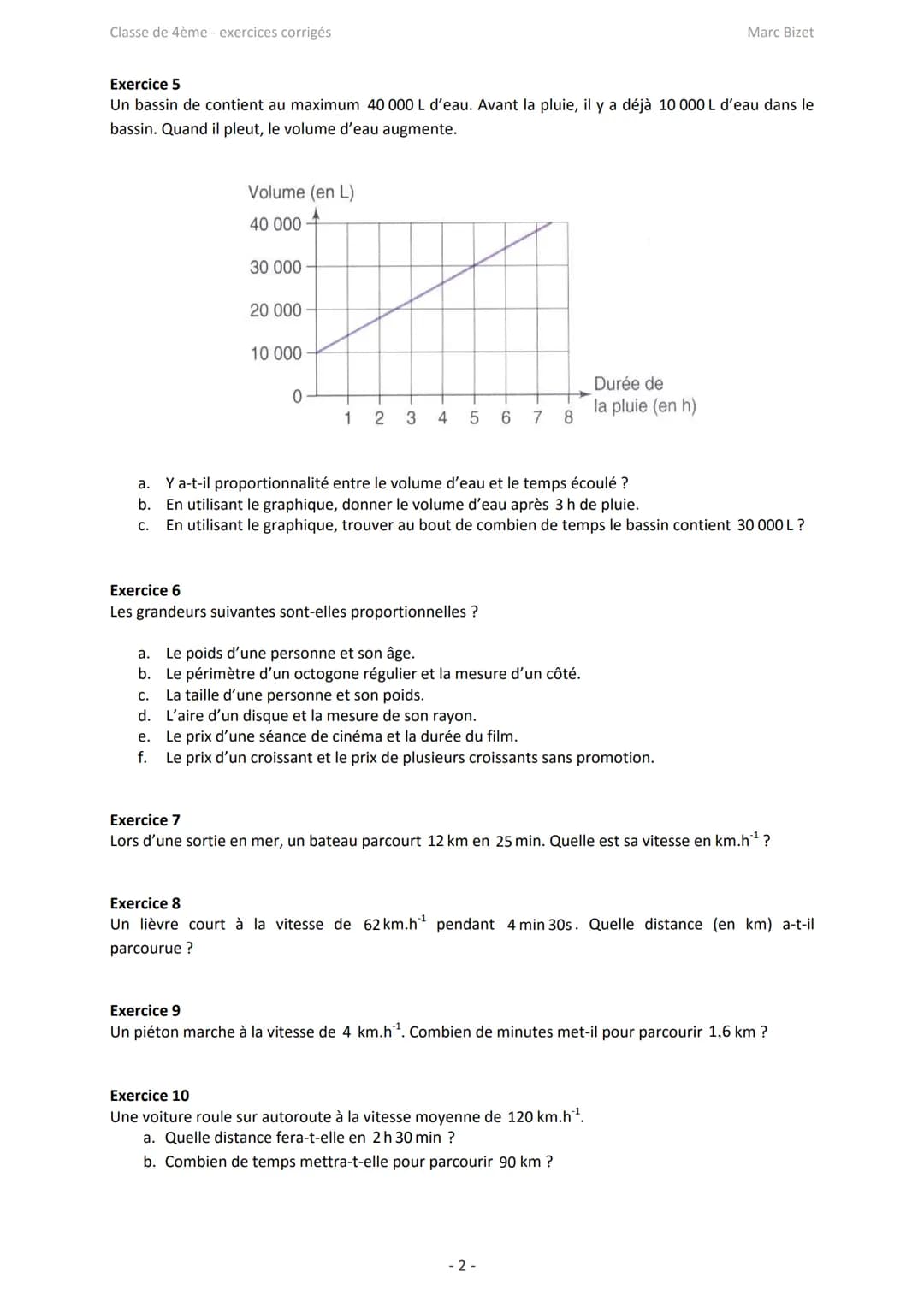 Classe de 4ème - exercices corrigés
Marc Bizet
Proportionnalité et applications: exercices
Exercice 1
Compléter le tableau de proportionn