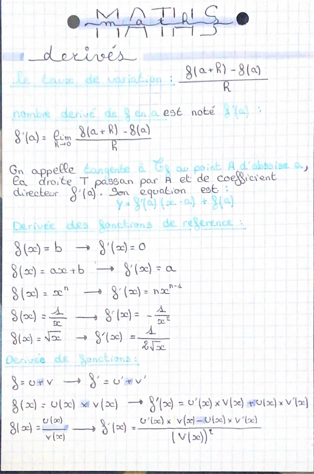 # MATAS.
derivés
ile cause de variation: $\frac{8(a+R)-8(a)}{R}$
nombre derivé de gen a est notě $8'(a)$:
$8'(a) = \lim_{R\to 0} \frac{8