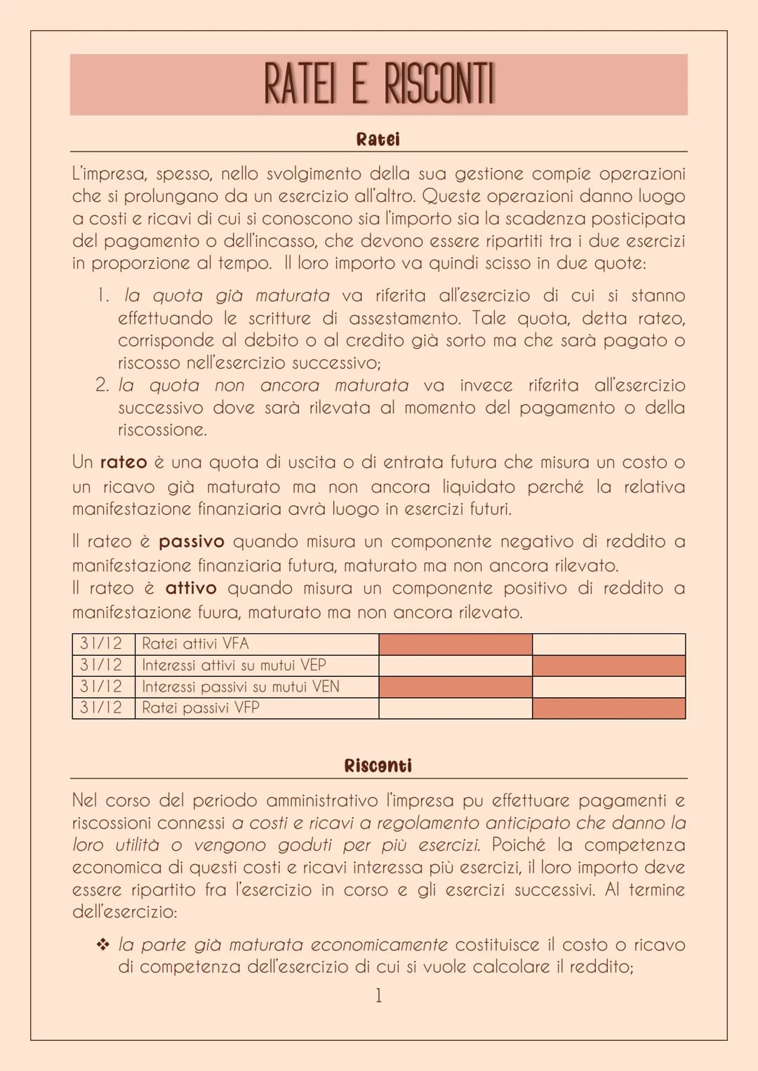 # RATEI E RISCONTI
Ratei
L'impresa, spesso, nello svolgimento della sua gestione compie operazioni
che si prolungano da un esercizio all'a