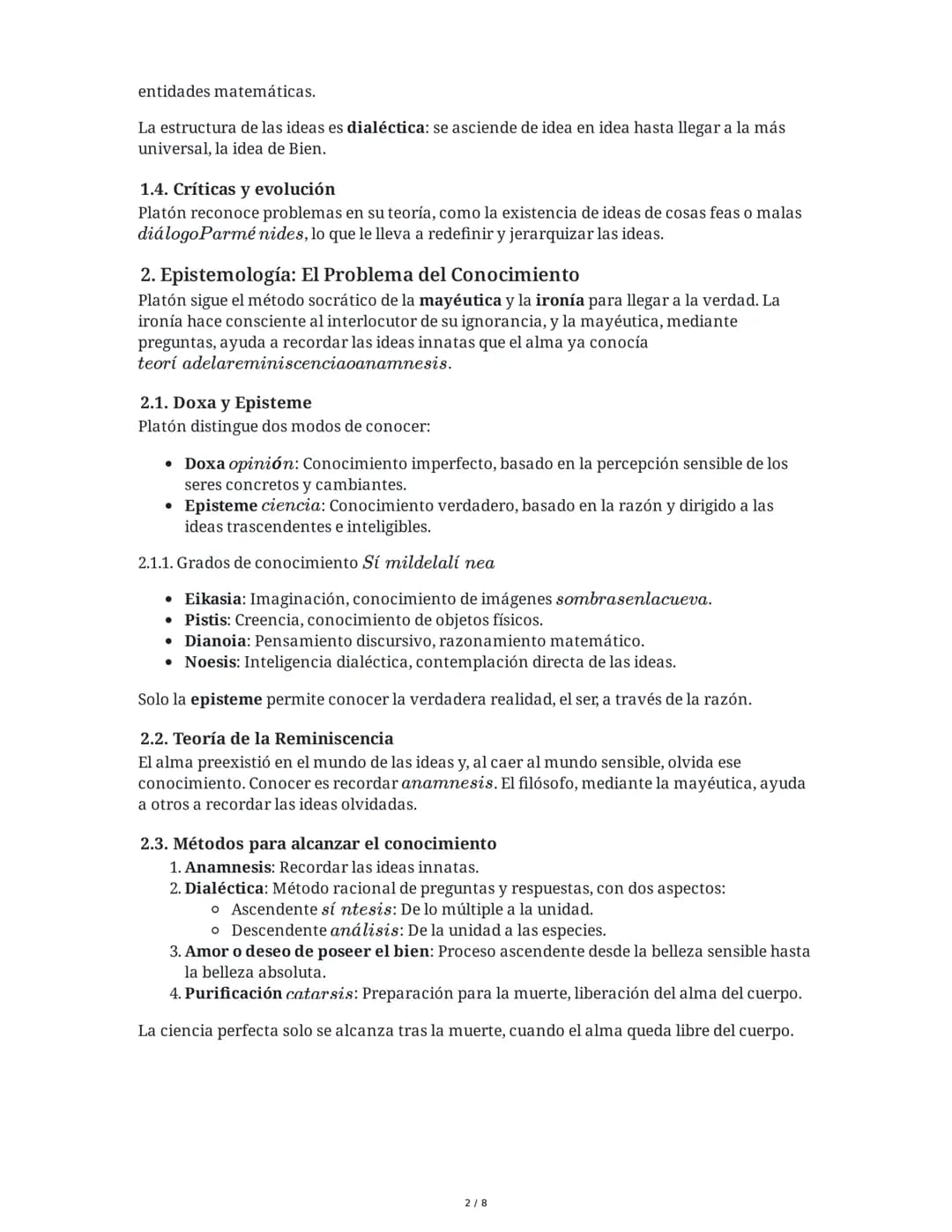 Resumen Integrado de la Filosofía de Platón
1. Teoría de las Ideas/Formas
La teoría de las ideas es el eje central de la filosofía platónica