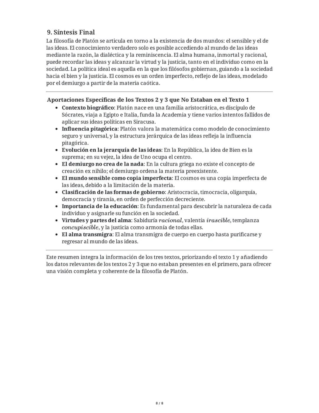 Resumen Integrado de la Filosofía de Platón
1. Teoría de las Ideas/Formas
La teoría de las ideas es el eje central de la filosofía platónica