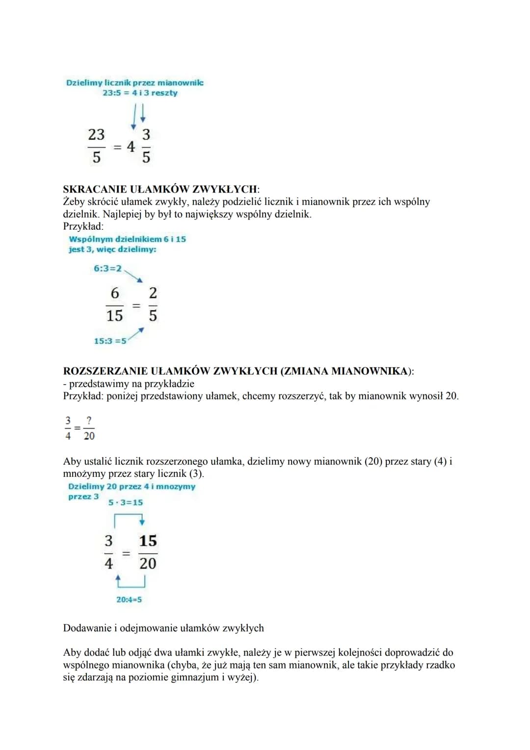 # UŁAMKI ZWYKŁE
Zagadnienia: matematyka - podstawówka, gimnazjum - ułamki zwykłe, działania na
ułamkach zwykłych.
UŁAMEK ZWYKŁY składa się
