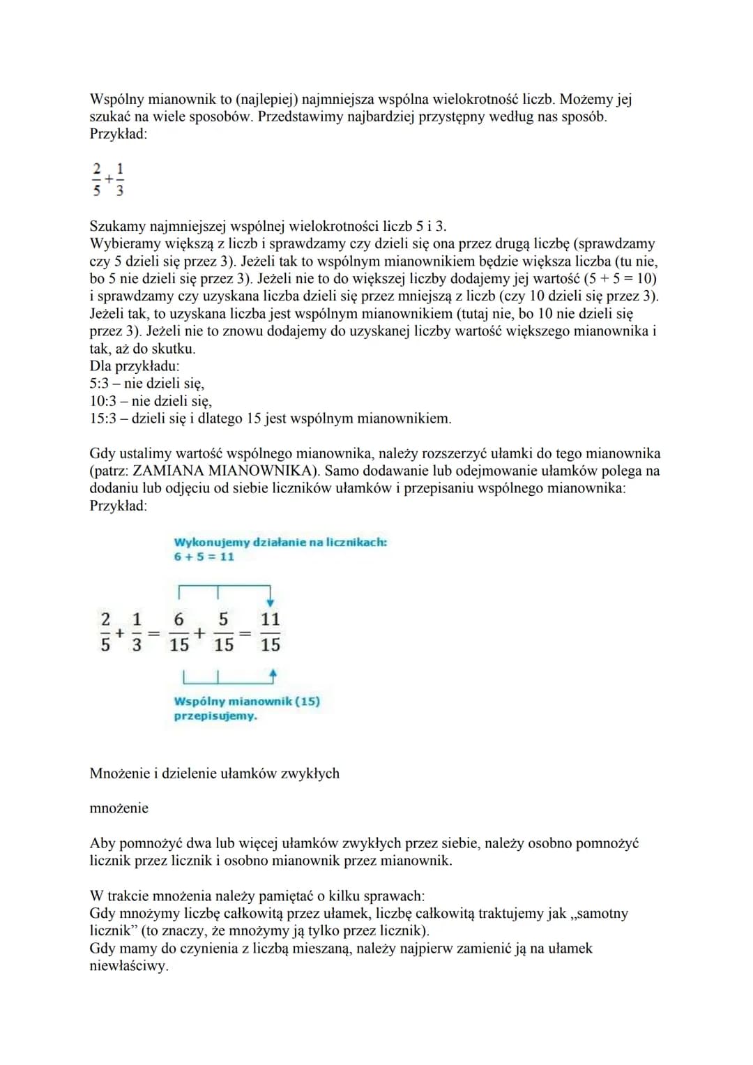 # UŁAMKI ZWYKŁE
Zagadnienia: matematyka - podstawówka, gimnazjum - ułamki zwykłe, działania na
ułamkach zwykłych.
UŁAMEK ZWYKŁY składa się