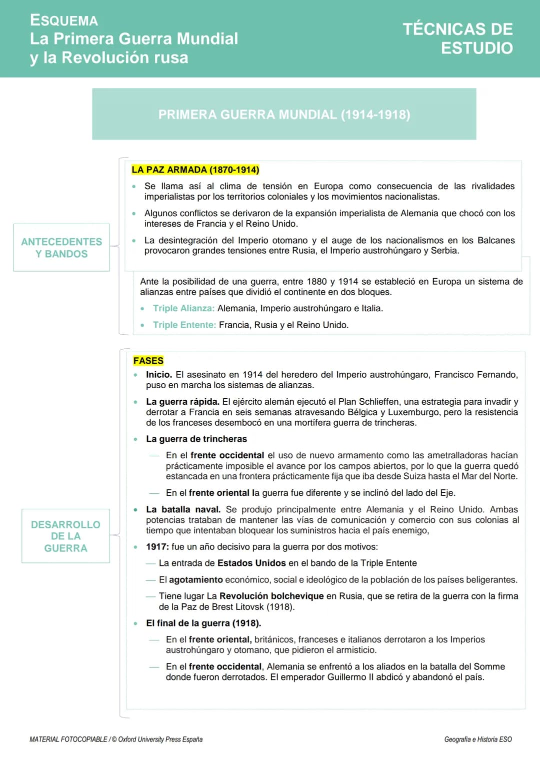 # ESQUEMA
La Primera Guerra Mundial
y la Revolución rusa
# TÉCNICAS DE
ESTUDIO
## PRIMERA GUERRA MUNDIAL (1914-1918)
* LA PAZ ARMADA (1