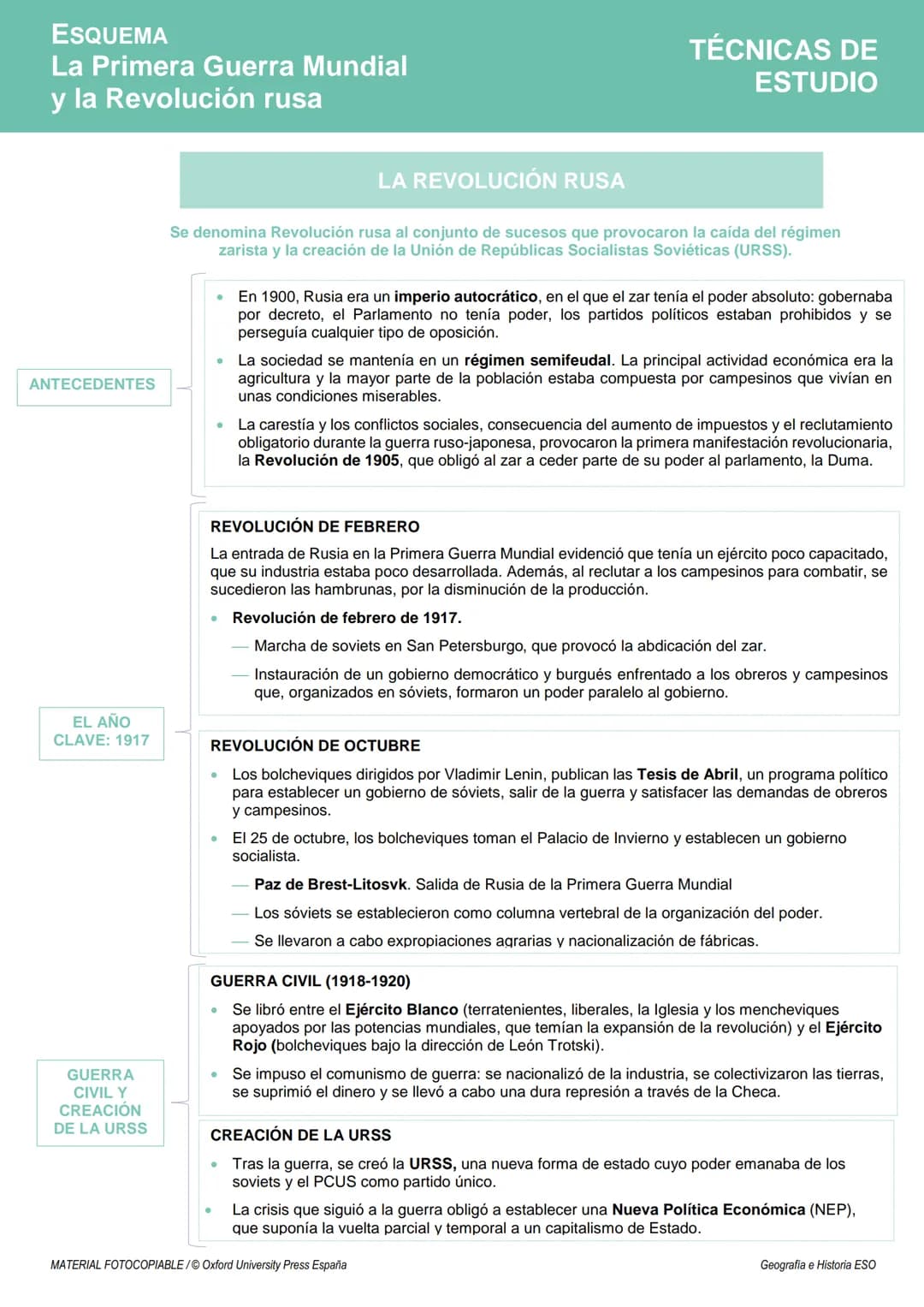 # ESQUEMA
La Primera Guerra Mundial
y la Revolución rusa
# TÉCNICAS DE
ESTUDIO
## PRIMERA GUERRA MUNDIAL (1914-1918)
* LA PAZ ARMADA (1